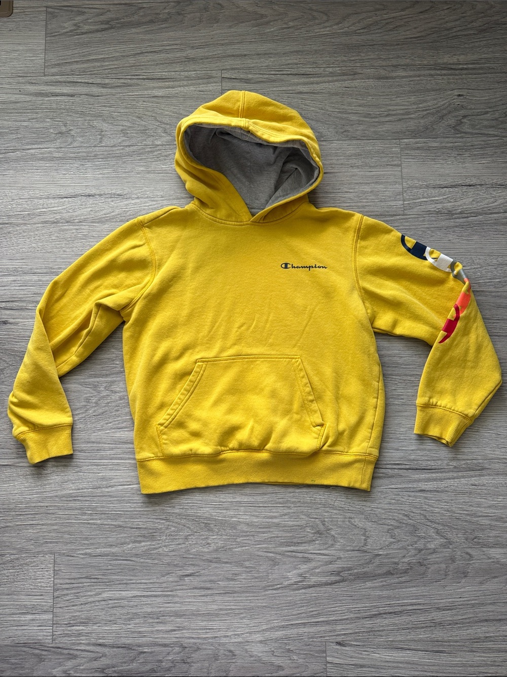 Champion Yellow Hooded Crewneck with Sleeve Logo Size L